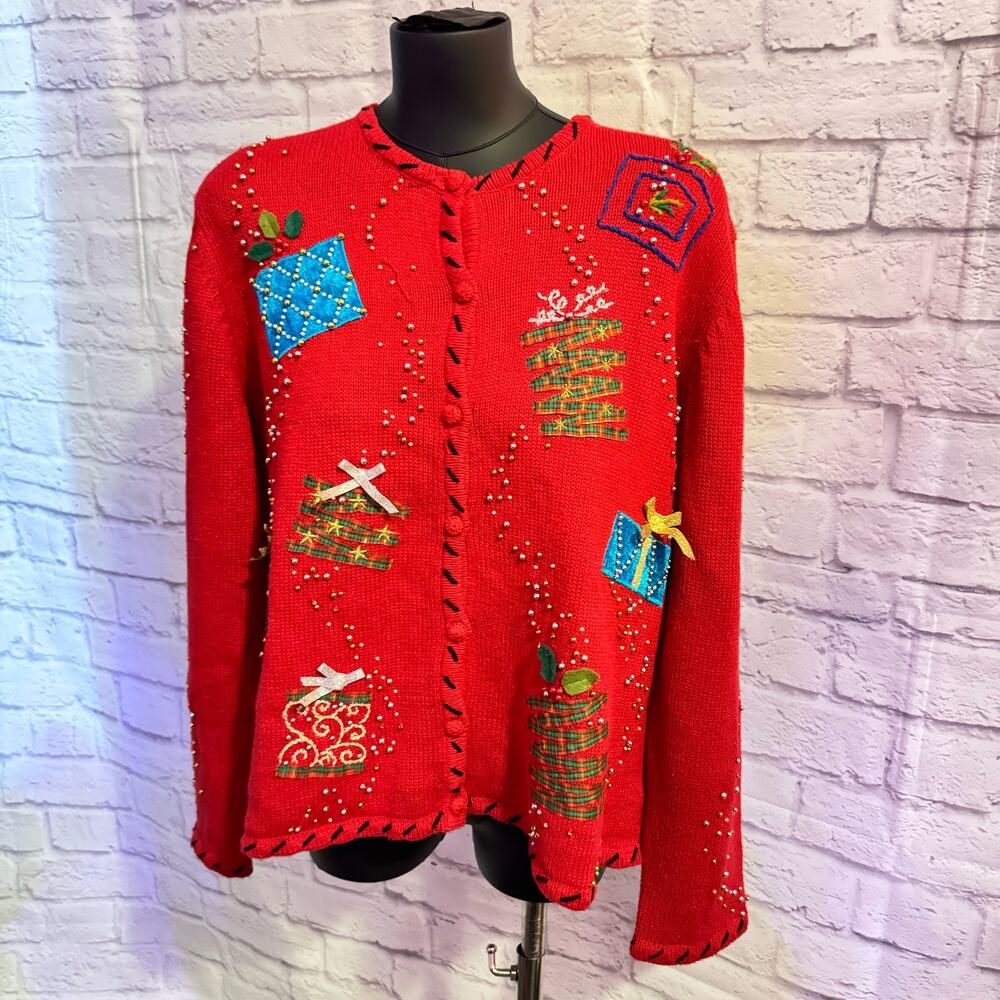 Planet & Company Petite SZ P/L Red Christmas Sweater with Sparkles and presents